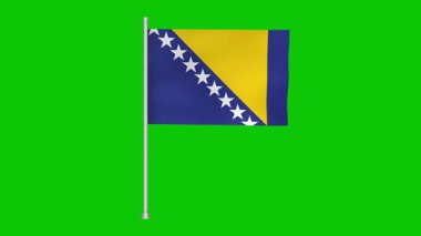 a bosnia and herzegovina flag waves gently on a pole, set against a bright green backdrop. the flag features stars and colors of blue and yellow, creating a simple yet striking image.
