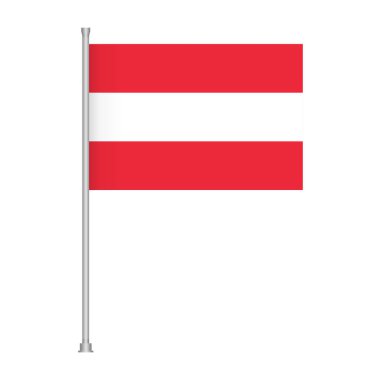 Avusturya bayrağının gerçekçi bir tasviri, yatay kırmızı ve beyaz çizgili, gümüş bir direkte dalgalanıyor. Temiz beyaz bir arkaplanda izole edilmiş..