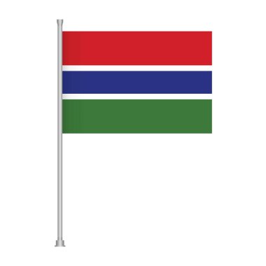 Gambiya bayrağının gerçekçi bir tasviri, kırmızı, mavi ve yeşil yatay çizgilere sahip, beyaz arka planda gümüş bir bayrak direğinde sergileniyor..