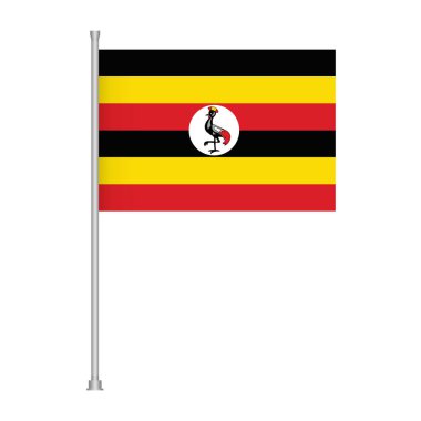 Uganda 'nın ulusal bayrağı gümüş bir direğin üzerinde düz beyaz bir arkaplan üzerinde belirgin yatay çizgileri ve merkezi amblemini göstererek sergilenmektedir..