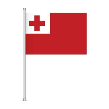 Kırmızı bir kantonla kırmızı bir kantonun yer aldığı tongan bayrağının gerçekçi bir tasviri, gümüş bir bayrak direğinde beyaz bir arkaplanda sergilenmektedir..