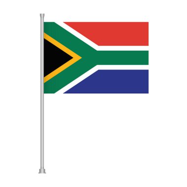 Güney Afrika 'nın ulusal bayrağı gümüş bir bayrak direğinin üzerinde temiz beyaz bir zemin üzerinde dalgalanırken resmedilir..