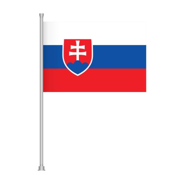 Beyaz ve mavi çizgili ve armalı ulusal Slovakya bayrağı beyaz arka planda bir bayrak direğinde sergilenmektedir..