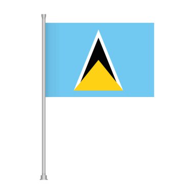 Siyah ve sarı üçgen amblemli açık mavi bir bayrak gümüş bir direğin üzerinde beyaz bir arkaplanda sergilenir..