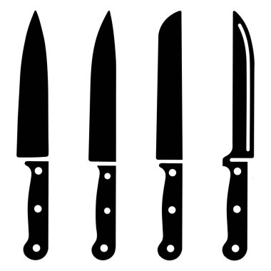 This set of 4 black knife icons features different kitchen knife shapes, designed with clean lines and simple illustrations. Ideal for culinary projects, kitchenware designs, and cooking-related graphics