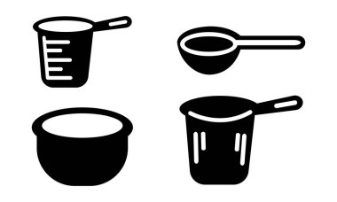 This set of measuring icons includes a measuring cup, sifter, and bowl, all designed with clean lines and simple shapes. Ideal for food preparation projects, kitchenware designs, and culinary-related illustrations