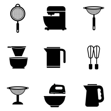 This kitchen tools icon set includes a mixer, sifter, whisk, and measuring cup, designed with clean lines and simple shapes. Ideal for culinary projects, kitchenware designs, and cooking-related illustrations