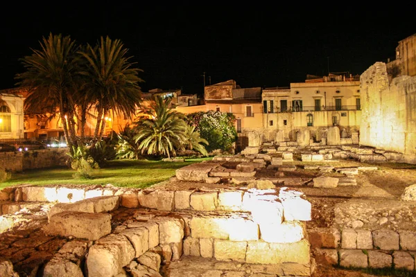 Apollon Tapınağı Gece Otigia Adası Siracusa Talya — Stok fotoğraf