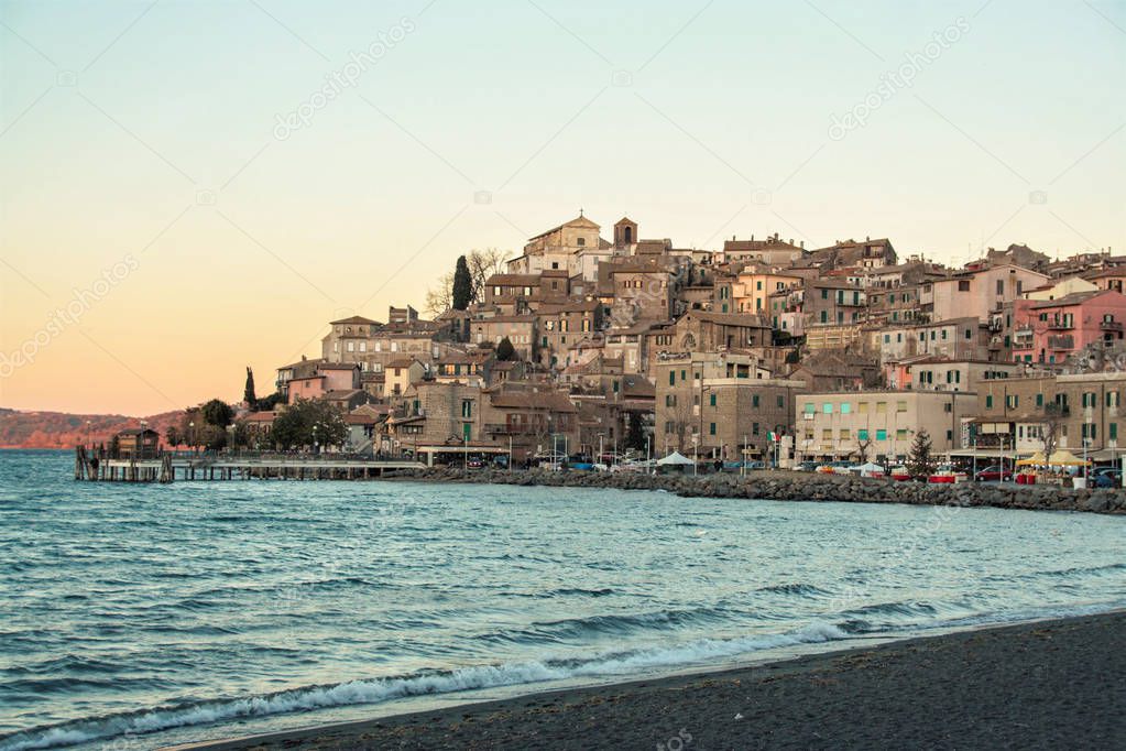 view of the picturesque town of Anguillara Sabazia on  Bracciano lake, Roma, Italy