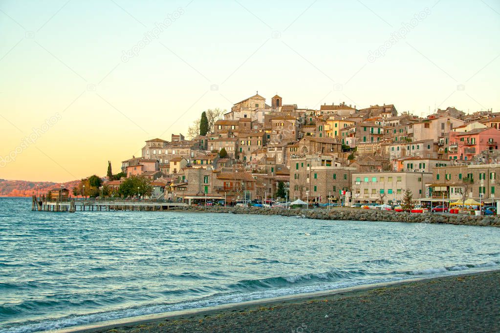 view of the picturesque town of Anguillara Sabazia on  Bracciano lake, Roma, Italy