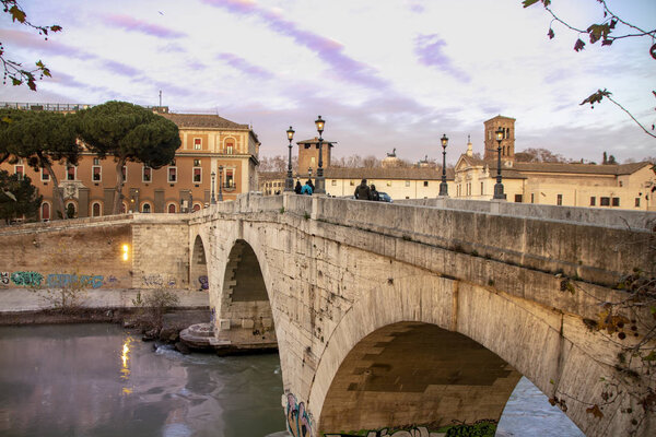 View of Tiber riverside and cityscape of Rome, Italy