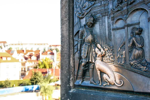 Placca Sulla Statua Giovanni Nepomuceno Con Cane Toccando Che Significa — Foto Stock