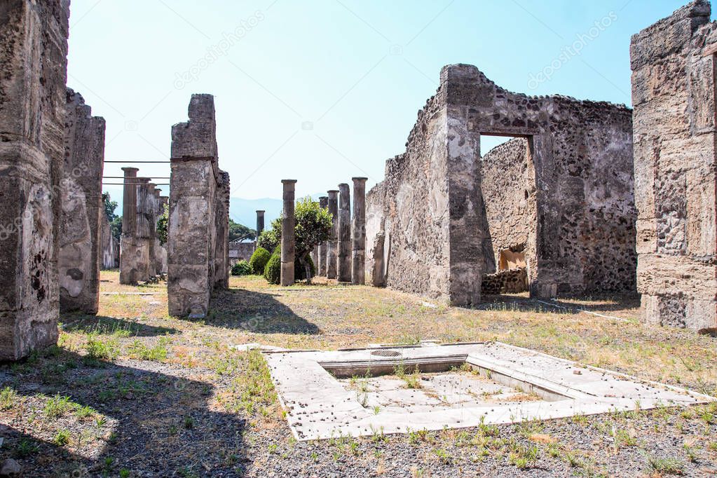 AT POMPEI - ON 06/22/ 2017 - Ruins of  ancient roman town of Pompeii, destroyed by vesuvius eruption in 70 d.c.
