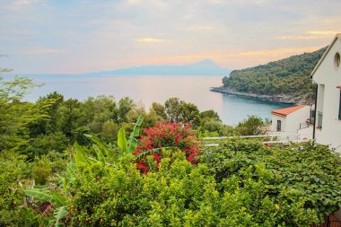 Gün batımında arka plan üzerinde bir bahçe ile deniz görünümü