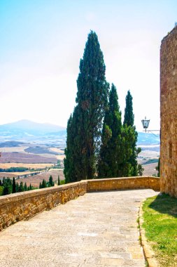 Pienza 'nın ortaçağ mimarisi, İtalya' nın Toskana kentindeki eski şehir. 