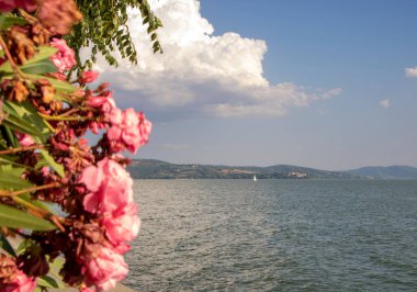 Trasimeno Gölü, İtalya 'nın Umbria kentindeki Passignano del trasimeno kasabasından görülmektedir. 