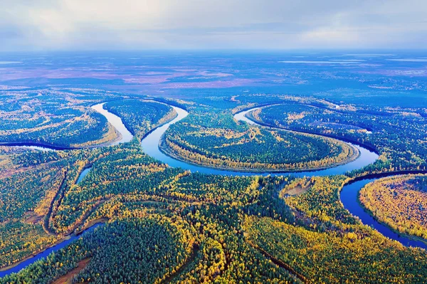 Colorido Paisaje Otoñal Fotografía Aérea Del Paisaje Siberia Occidental Río —  Fotos de Stock