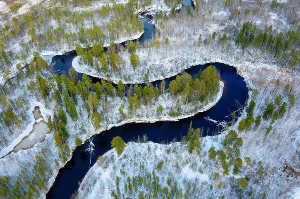 Paisaje Invernal Vista Aérea Paisaje Con Sinuoso Río Helado — Foto de Stock