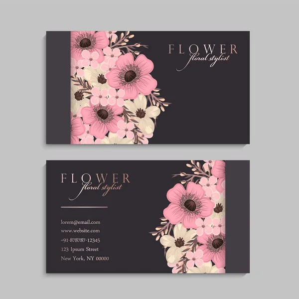 Conjunto Frente Parte Posterior Tarjeta Visita Con Flores — Vector de stock