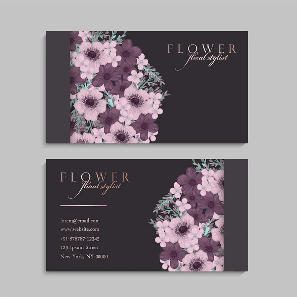 Conjunto Frente Parte Posterior Tarjeta Visita Con Flores — Vector de stock