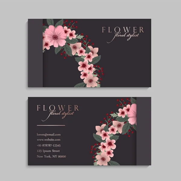 Conjunto Frente Parte Posterior Tarjeta Visita Con Flores — Vector de stock