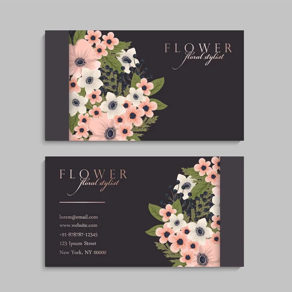 Conjunto Frente Parte Posterior Tarjeta Visita Con Flores — Vector de stock