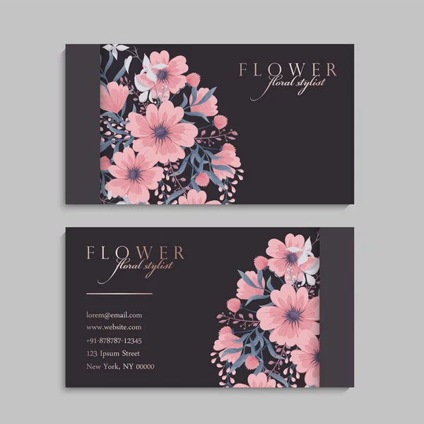 Conjunto Frente Parte Posterior Tarjeta Visita Con Flores — Vector de stock