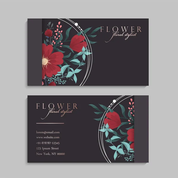 Conjunto Frente Parte Posterior Tarjeta Visita Con Flores — Vector de stock