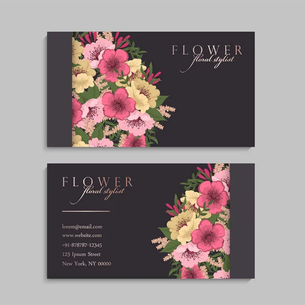 Conjunto Frente Parte Posterior Tarjeta Visita Con Flores — Vector de stock