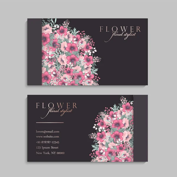 Conjunto Frente Parte Posterior Tarjeta Visita Con Flores — Vector de stock