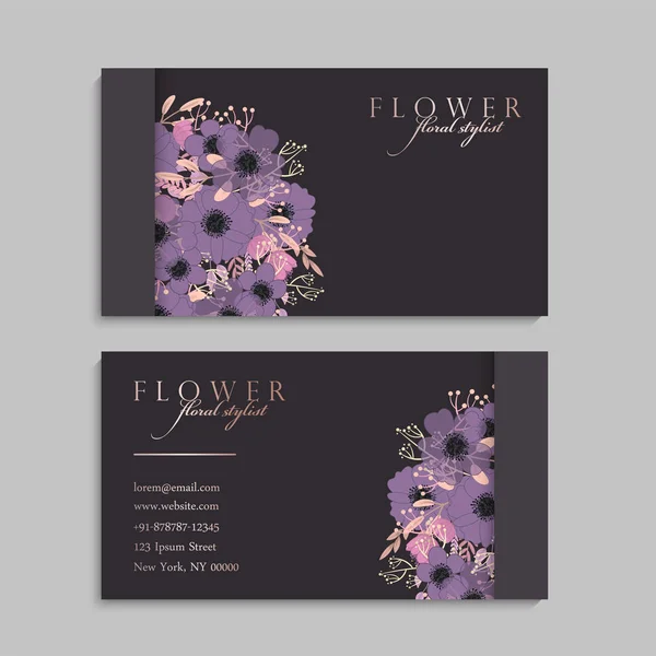 Conjunto Frente Parte Posterior Tarjeta Visita Con Flores — Vector de stock