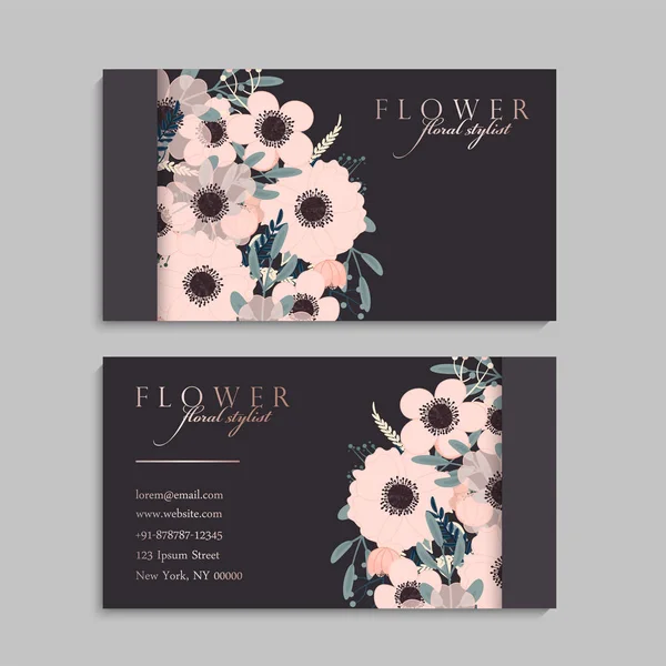 Conjunto Frente Parte Posterior Tarjeta Visita Con Flores — Vector de stock