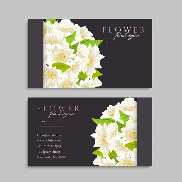 Conjunto Frente Parte Posterior Tarjeta Visita Con Flores — Vector de stock