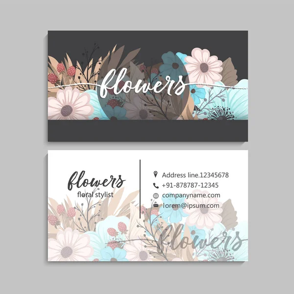 Conjunto Frente Parte Posterior Tarjeta Visita Con Flores — Vector de stock