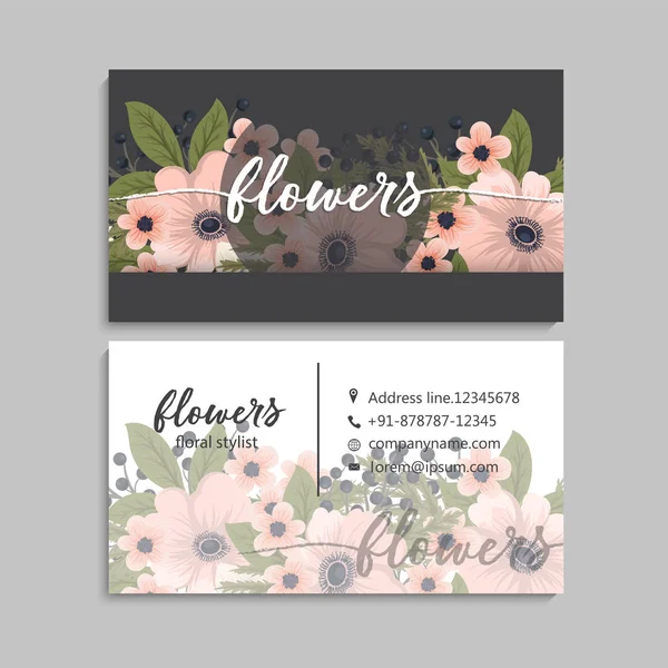 Conjunto Frente Parte Posterior Tarjeta Visita Con Flores — Vector de stock