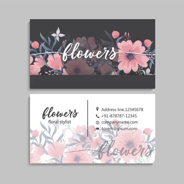 Conjunto Frente Parte Posterior Tarjeta Visita Con Flores — Vector de stock