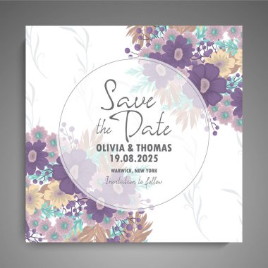 Düğün davetiyesi. Güzel çiçekler. Tebrik kartı. Çerçeve.