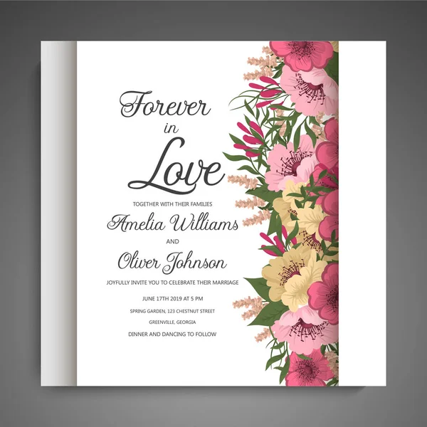 Suite Con Tarjeta Invitación Boda Con Flores Plantilla Ilustración Vectorial — Vector de stock