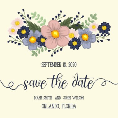 Çiçekli düğün davetiye kartı Süiti. Şablon. Vektör çizim