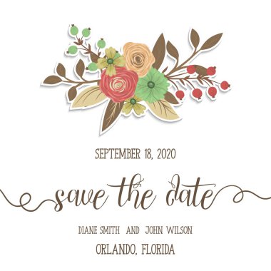 Çiçekli düğün davetiye kartı Süiti. Şablon. Vektör çizim