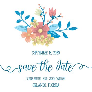 Çiçekli düğün davetiye kartı Süiti. Şablon. Vektör çizim