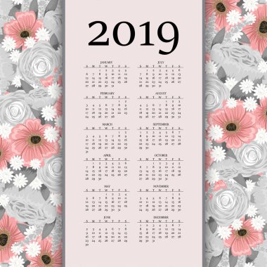 Takvim 2019. Renkli çiçekler ile çiçek takvim. Vektör çizim.