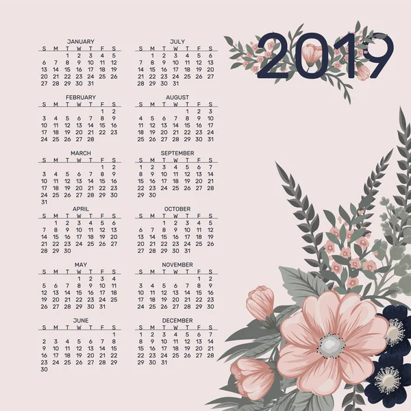 Kalender 2019 Floraler Kalender Mit Bunten Blumen Vektorillustration — Stockvektor