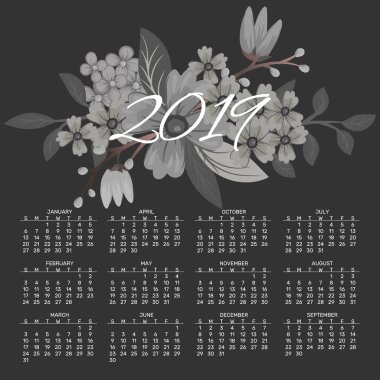 Takvim 2019. Renkli çiçekler ile çiçek takvim. Vektör çizim.