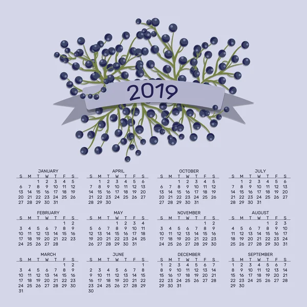 Календар 2019 Року Квітковий Календар Різнокольоровими Квітами Векторні Ілюстрації — стоковий вектор