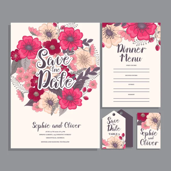 ピンクの花とカードのセット 結婚式の装飾コンセプト — ストックベクタ