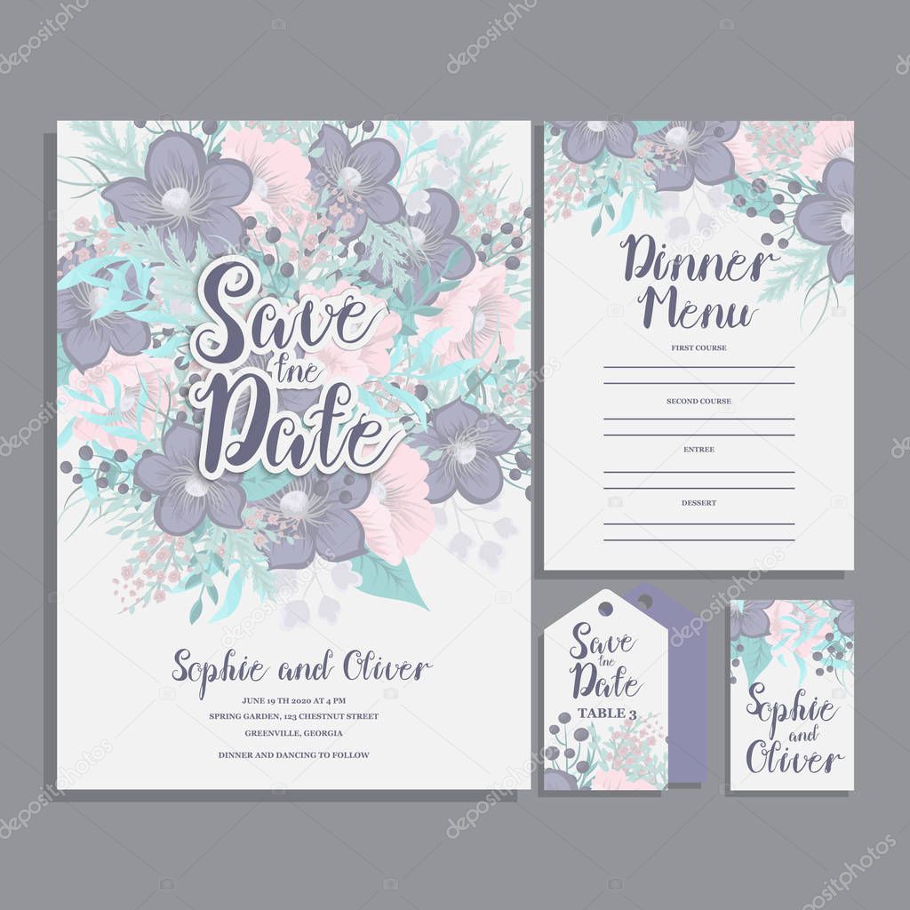 Set of card with pink and blue flower - wedding ornament concept.
