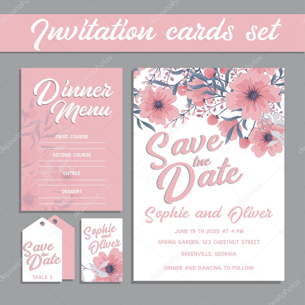 Set of card with pink flower - wedding ornament concept.