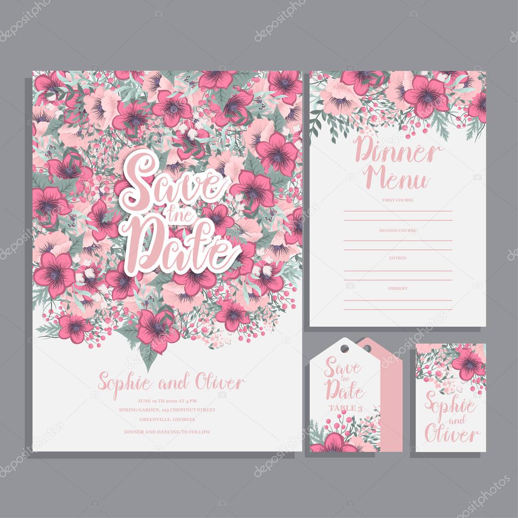 Set of card with pink flower - wedding ornament concept.