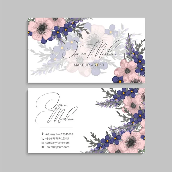 Dark Blue Business Card Template Pink Flowers — Stock Vector